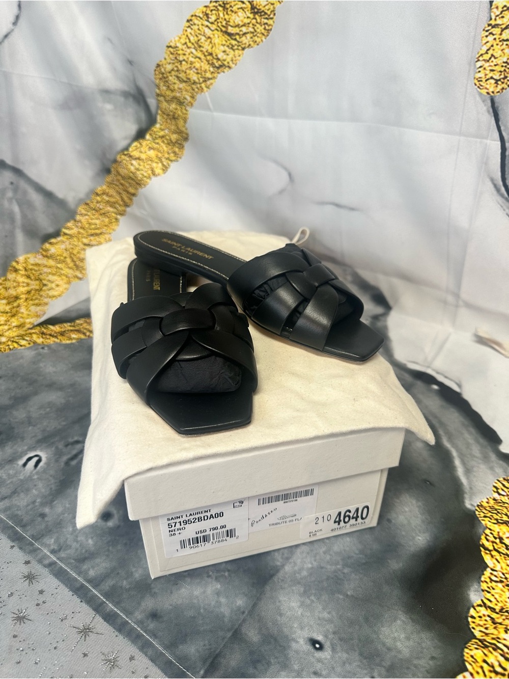Saint Laurent Black Leather Braided Slide Sandals Size 8